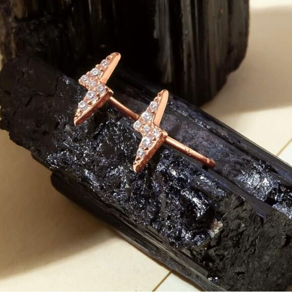 New CZ Rose Gold over 925 Sterling Silver Lighting Bolt Stud Earrings - Picture 4 of 11